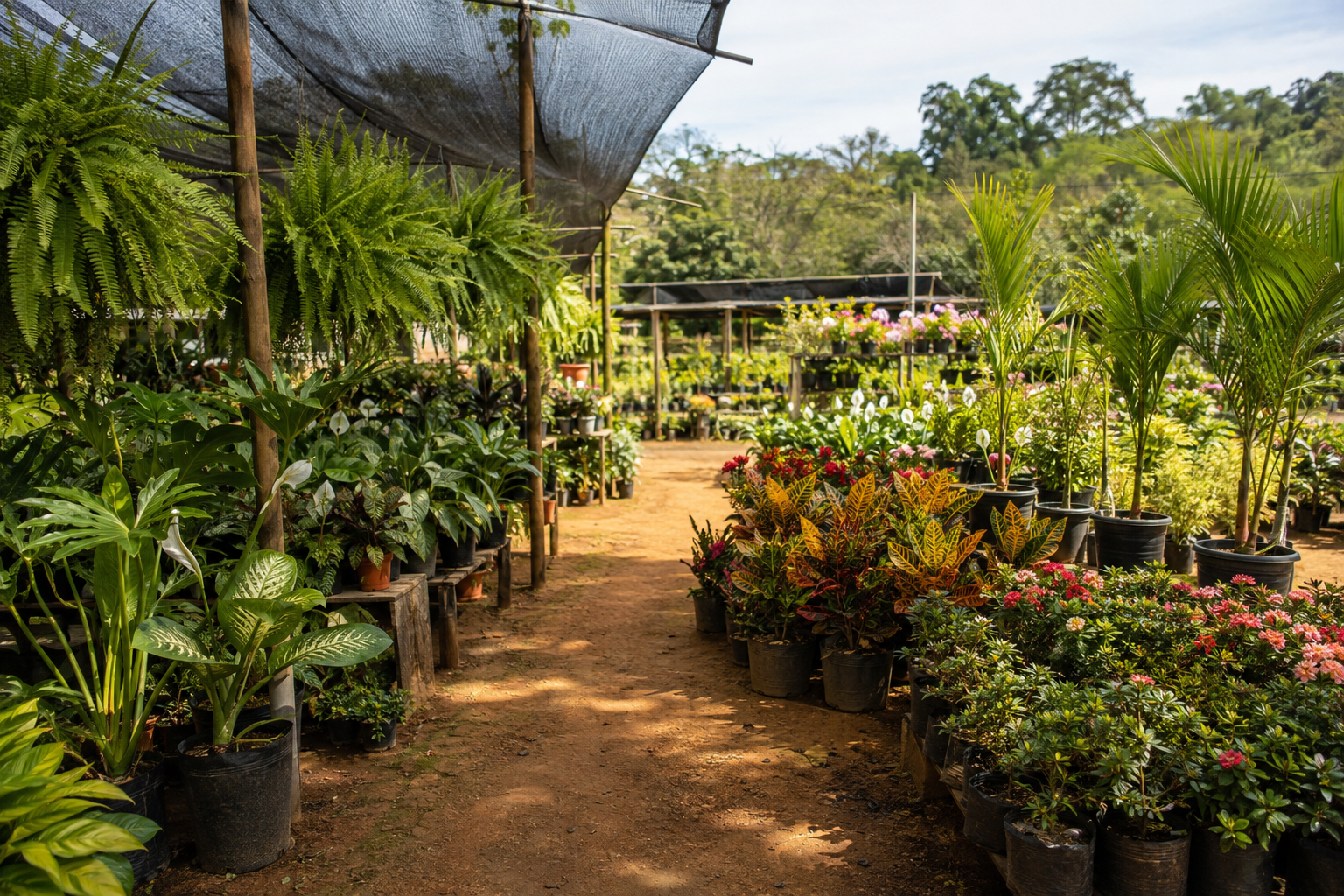 Viveiro com plantas para ambientes de sol e sombra